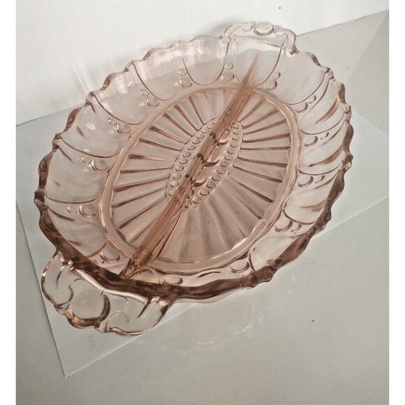12" - 2 Part Relish Oyster and Pearl Pink Depression Glass Tray Anchor Hocking - Picture 2 of 12